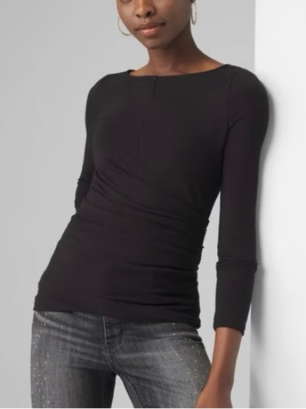 WHBM BLACK WRAP FRONT CREWNECK TOP